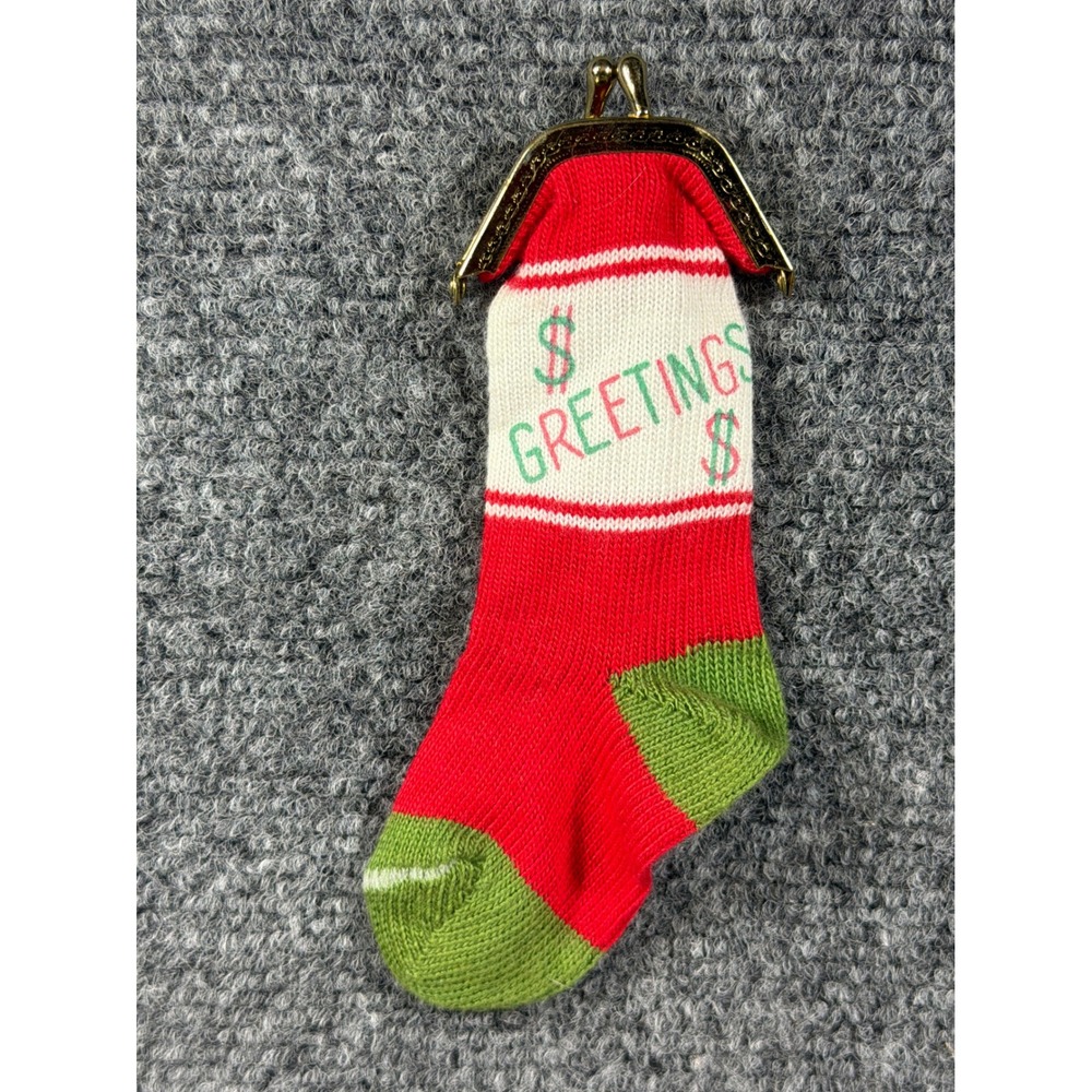 Vintage Christmas Stocking Coin Purse Kiss Lock Greetings Money Sock Red Green
